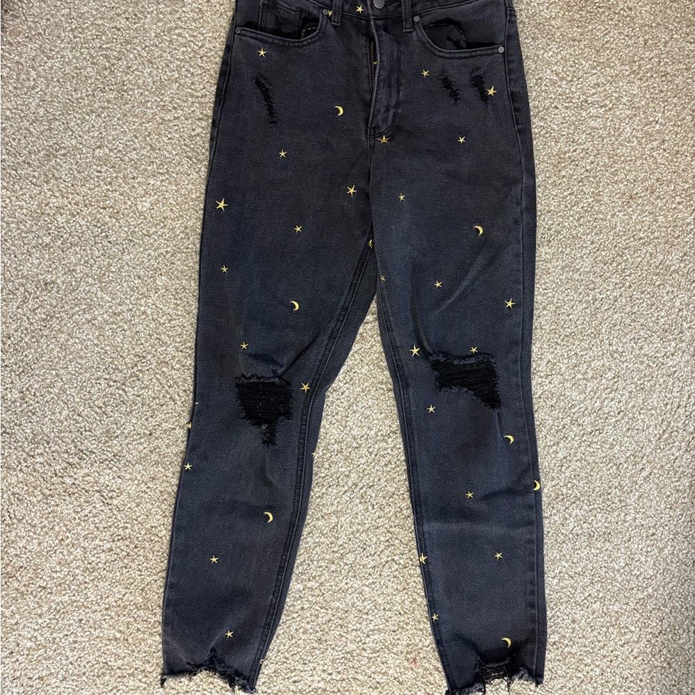Women's  Black Mom Jeans with Star and Moon Design